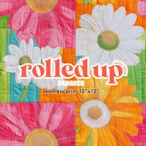 May include: A patchwork quilt fabric featuring a floral design with pink, white, and yellow daisies. The fabric is seamless and measures 12 inches by 12 inches. The text "rolled up fabrics since 2020" is printed on the fabric.
