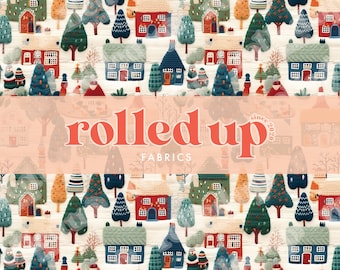 May include: A white fabric with a repeating pattern of colourful houses and trees. The fabric has the text "rolled up fabrics since 2020" printed on it.