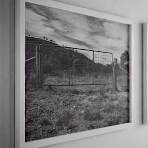 locked metal farm gate on hill black and white digital print photography, old australian steel gate and fence wall decor