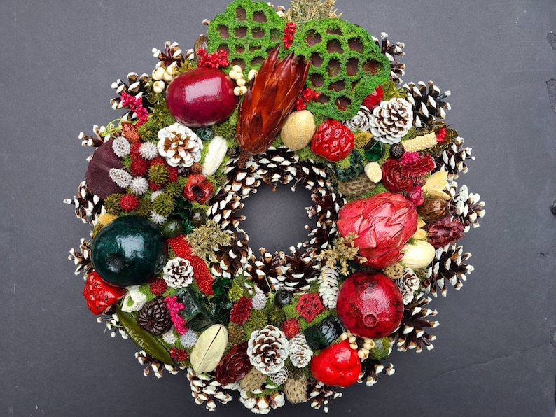 Hill Country Christmas Wreath with Green Eucalyptus pods and a b Hill Country Christmas Wreath with Green Eucalyptus pods and a b