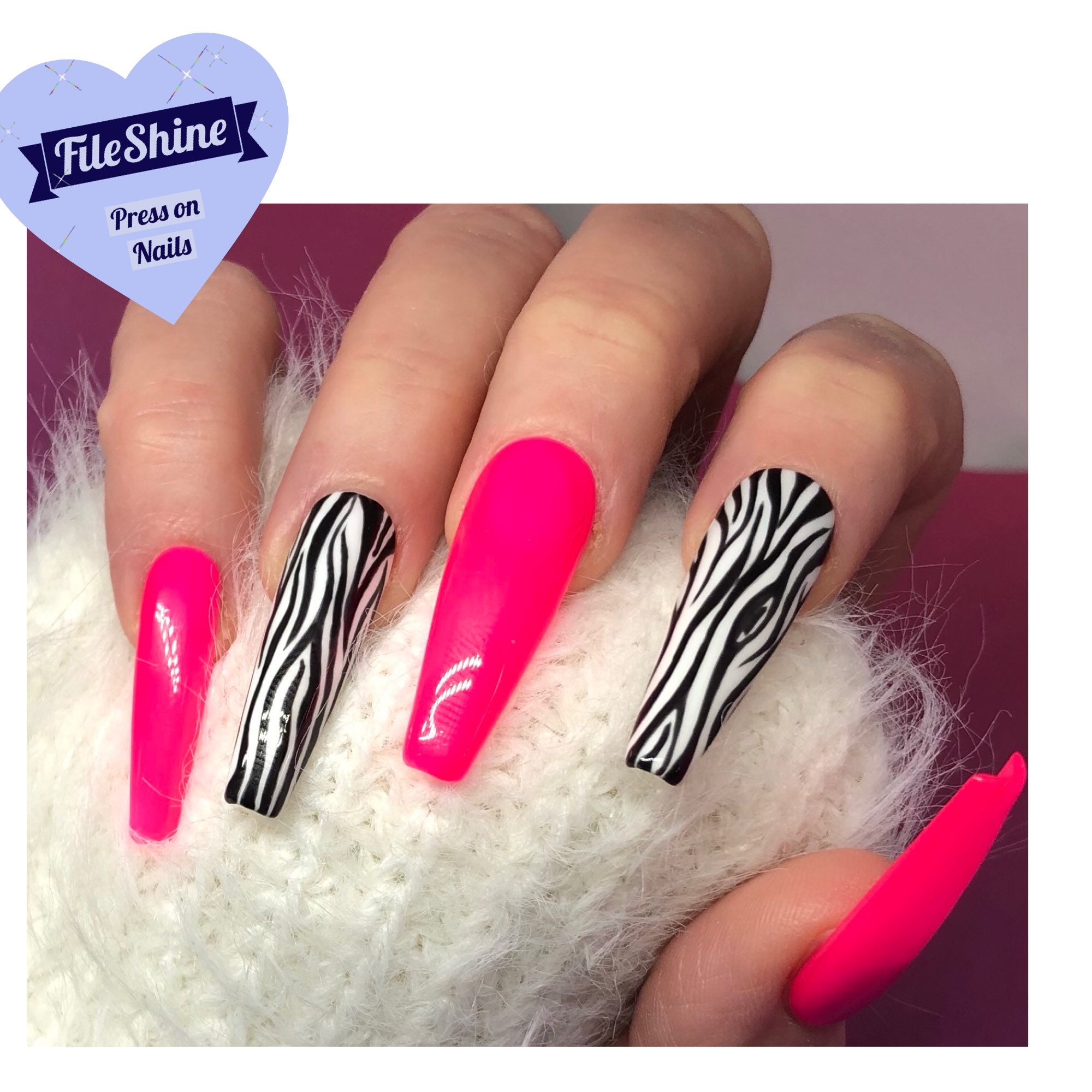 Luminous Pink & Zebra Print Nails Press Ons Press on Nails - Etsy Luminous Pink & Zebra Print Nails Press Ons Press on Nails - Etsy