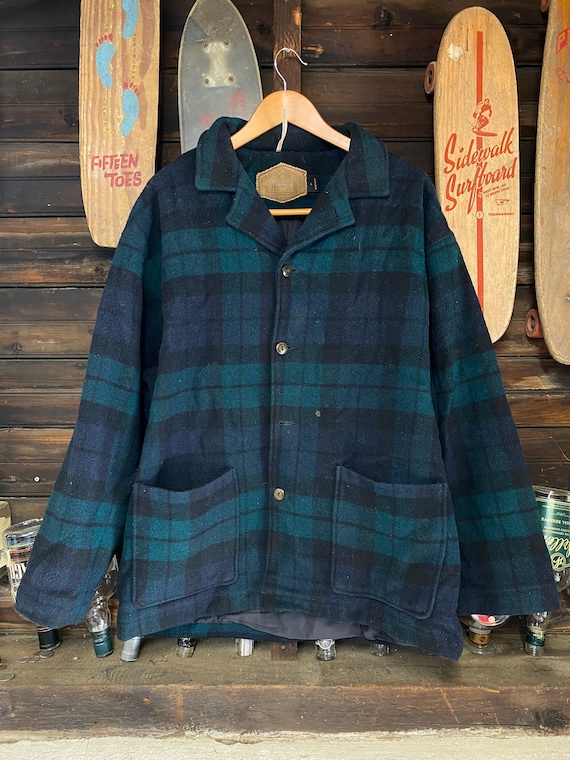 Vintage Woolrich Green & Navy Wool Plaid Flannel J