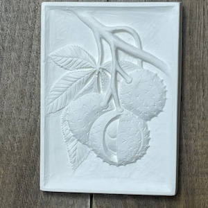 Op de afbeelding: Witte keramische wandplaat met een reliëfdesign van een tak met drie kastanjes.