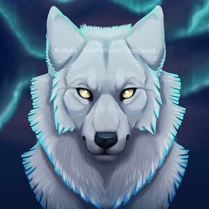 May include: Digital artwork of a wolf's head, featuring white and grey fur and glowing yellow eyes. The background shows a dark blue sky with green and blue aurora borealis. The artist's name and website are at the bottom.