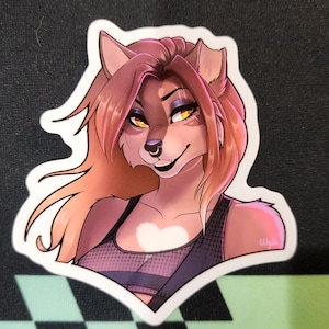 May include: A sticker featuring a cartoon wolf with pink and brown fur, wearing a black and purple tank top. The wolf has a white heart on its chest and is looking to the side with a smirk.