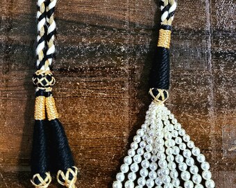 Adjustable Handmade Balck Necklace Thread | Indian Necklace Jewelry Cord | Beaded Tassels with Shell Pearls | Length 13 Inches(App.)