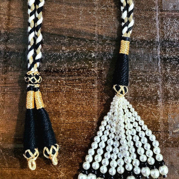 Adjustable Handmade Balck Necklace Thread | Indian Necklace Jewelry Cord | Beaded Tassels with Shell Pearls | Length 13 Inches(App.)