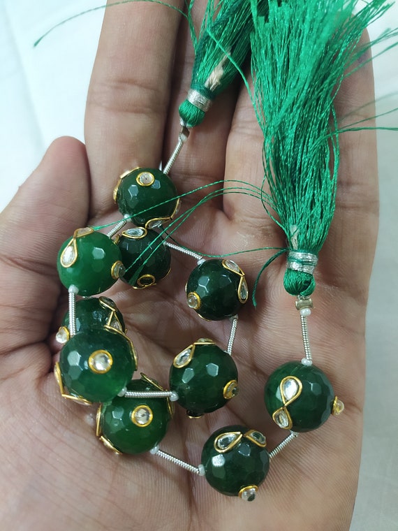 Dark Green Jade Stone with Imitated Kundan, 10 Pieces Tassel Necklace, 12mm