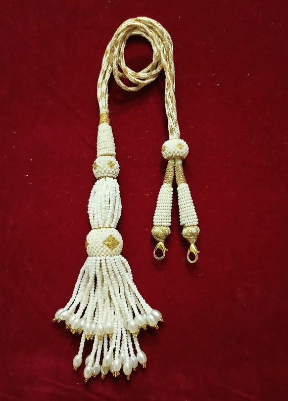 Adjustable Handmade Cream Necklace Thread, Indian Necklace Jewelry Cord  With Big Tassels And Large Brass Claps 15 Inch(App.),Zari Dori