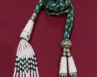 Adjustable Handmade Green Necklace Thread, Indian Necklace Jewelry Cord With Tassels And Brass Claps 13 Inch(App.) Silk Tassel, Zari Dori