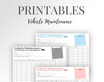 May include: Three printable vehicle maintenance log sheets with a car icon and a notes section. Each sheet has columns for date, serviced by, mileage, oil change, washer fluid, battery, brakes, tires, and air filter.