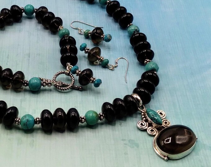 Mocha Quartz, Genuine Turquoise, Solid Sterling Coordinating 3 Piece Jewelry Set, Adjustable Necklace, Toggle Bracelet, Sterling Earrings