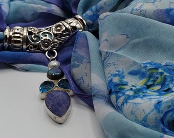 Gemstone Scarf Slide Pendant Necklace: Sapphire, Topaz, Pearl, Floral Scarf Set