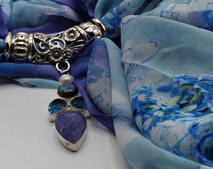 Sapphire, Blue Topaz, Labradorite, Pearl, Gem Scarf Slide Pendant Necklace with Coordinating Blue Floral Long Scarf, 4 Scarf Rings, 6 Pc Set
