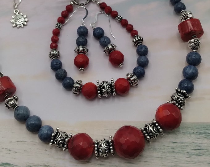 Solid Sterling Genuine Red and Blue Coral Necklace, Bracelet & Earrings Set Includes Adjustable Necklace, Toggle Bracelet, Pierced Earrings