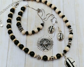 White Mother of Pearl, Black Onyx, Solid Sterling Genuine Gem Inlay Pendant Necklace, 3 Piece Set Includes Matching Bracelet, Inlay Earrings