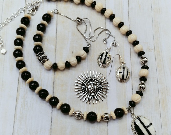 White Mother of Pearl, Black Onyx, Solid Sterling Genuine Gem Inlay Pendant Necklace, 3 Piece Set Includes Matching Bracelet, Inlay Earrings