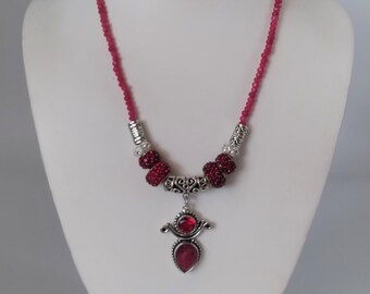 Faceted Ruby & Garnet Slide Gem Pendant with 18” Faceted Ruby Beaded Adjustable Necklace, Removable Pave Crystal Beads, Matching Earrings
