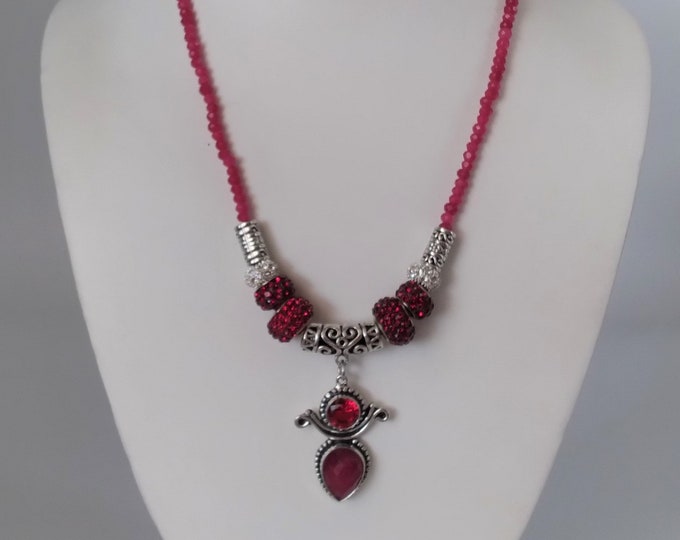 Faceted Ruby & Garnet Slide Gem Pendant with 18” Faceted Ruby Beaded Adjustable Necklace, Removable Pave Crystal Beads, Matching Earrings