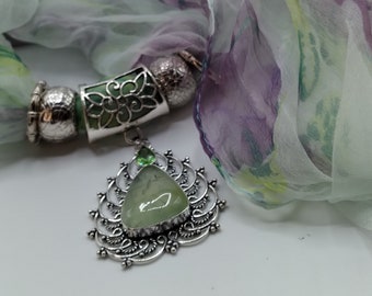 Prehnite Peridot Gemstone Scarf Pendant Necklace with Floral Silk Scarf & Rings (6-Piece Set)