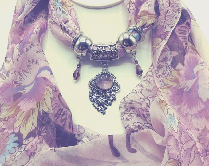 Purple Amethyst Genuine Gemstone and Silver Scarf Pendant Necklace, 6 Piece Set includes Soft Lavender Long Floral Scarf and 4 Scarf Rings