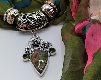 Lime Green Unakite & Peridot Gem Scarf Slide Pendant Necklace, 6 Pc Set Includes Pendant, Lime Green and Pink Floral Scarf and 4 Scarf Rings
