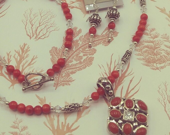 Coral & Quartz Enhancer Pendant Solid Sterling Silver Jewelry Set: Necklace, Bracelet, Earrings