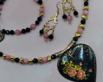 Pink Rhodochrosite, Faceted Crystal, Hand Painted Heart Pendant, Beaded 3 Piece Set Also Includes Coordinating Bracelet and Earrings, Signed