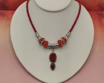Red Carnelian Slide Gem Pendant Necklace: Crystal Pave Slider Beads and Beaded Necklace