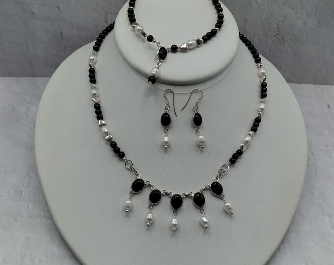Black Onyx, White Pearls, Solid Sterling Genuine Gem Jewelry Set, Adjustable Beaded Necklace, Charm Bracelet, Matching Earrings, Signed
