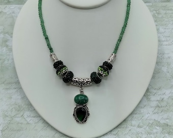 Malachite, Green Quartz, Silver Slide Gem Pendant with 18" Faceted Emerald Beaded Adjustable Necklace, 8 Pave Crystal and Silver Slide Beads