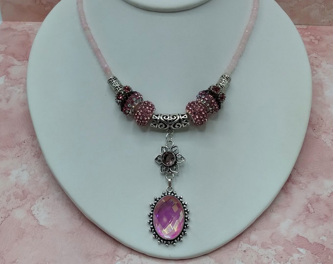 Rainbow Topaz, Pink Quartz Silver Slide Gem Pendant, Set Includes 18" Rose Quartz Adjustable Beaded Necklace, 8 Pave Crystal & Silver Beads