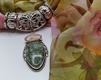 Green Tree Agate, Pink Rhodonite Gem Scarf Slide Pendant Necklace, Coordinating Olive Green, Pink & Peach Peonies Long Scarf, 4 Scarf Rings