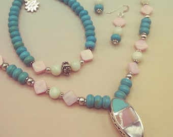 Turquoise Mother-of-Pearl Solid Sterling Silver Jewelry Set: Beaded Necklace, Bracelet & Earrings