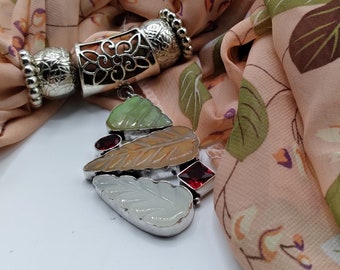 Agate Tri-Color Carved Leaves Gem Scarf Slide Pendant Necklace, 6 Piece Set Includes Coordinating Leaf Theme Long Scarf and 4 Scarf Rings