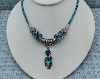 Blue Topaz, Silver Slide Gem Pendant, Set Includes 18" Faceted Topaz Beaded Adjustable Necklace, 8 Crystal & Silver Spacer Beads, 10 Pieces