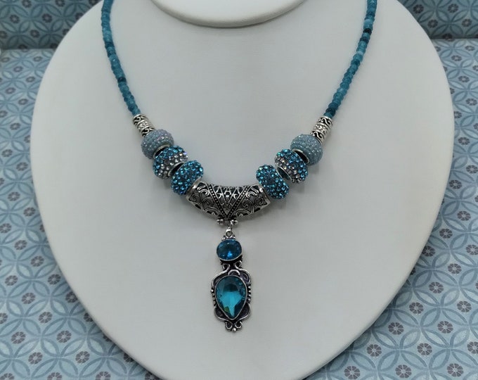 Blue Topaz, Silver Slide Gem Pendant, Set Includes 18" Faceted Topaz Beaded Adjustable Necklace, 8 Crystal & Silver Spacer Beads, 10 Pieces