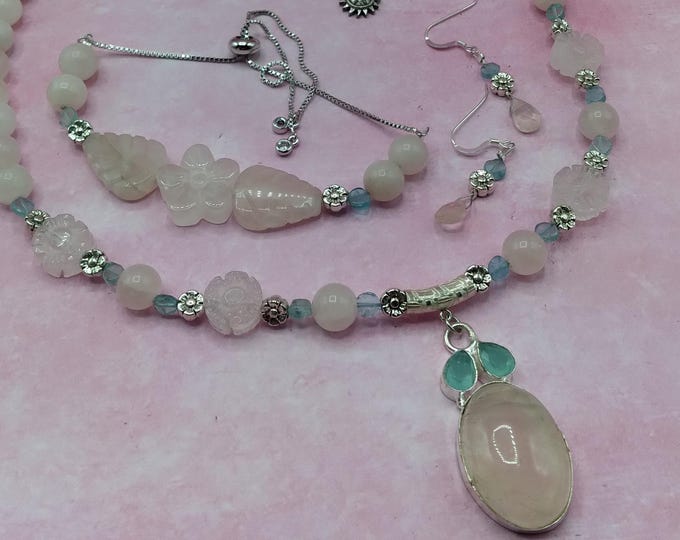 Pink Rose Quartz, Aqua Apatite, Solid Sterling Set of 3 Beaded Coordinating Necklace, Bracelet, Earring Set, Genuine Gems, Signed Original