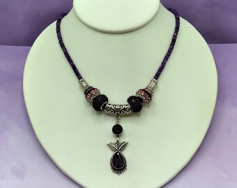 Purple Amethyst Silver Slide Gem Pendant, 18" Faceted Amethyst Adjustable Beaded Necklace, 8 Pave Crystal & Silver Slide Beads, 10 Piece Set