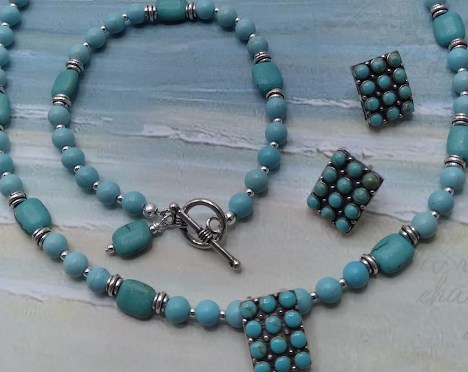 Turquoise Solid Sterling Silver Necklace, Bracelet & Earrings Set: Signed Artisan Jewelry