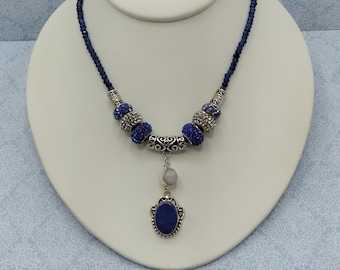 Lapis Lazuli & Moonstone Gem Slider Pendant Necklace: Silver and Crystal Slide Beads