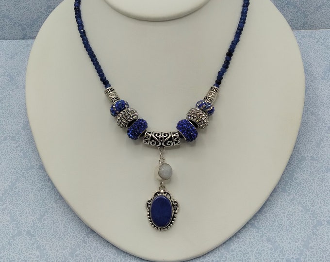 Navy Lapis Lazuli, Moonstone, Silver Slide Gem Pendant, Set Includes 18" Lapis Adjustable Beaded Necklace and 8 Pave Crystal & Silver Beads