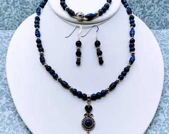 Lapis Lazuli Solid Sterling Beaded Adjustable 3 pc Jewelry Set, Adjustable Necklace, Toggle Bracelet, Pierced Earrings, Signed,  Genuine Gem