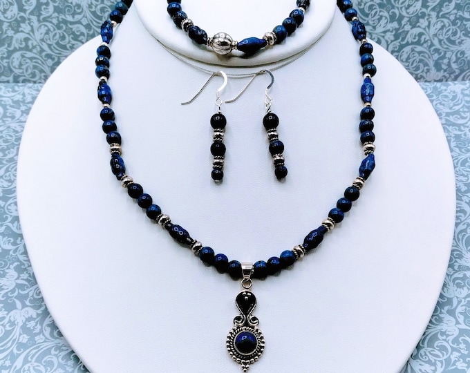Lapis Lazuli Solid Sterling Beaded Adjustable 3 pc Jewelry Set, Adjustable Necklace, Toggle Bracelet, Pierced Earrings, Signed,  Genuine Gem
