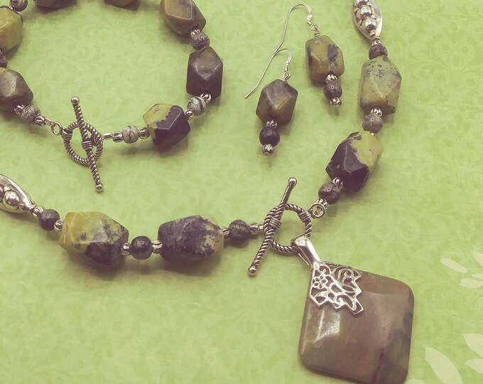 Olive Serpentine Solid Sterling Beaded Gemstone Necklace with Enhancer Pendant, Bracelet, Pierced Earrings, Toggle Clasps, Matching 3 Pc Set
