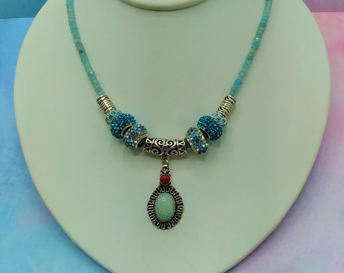 Aqua Amazonite and Coral Silver Slide Pendant, with 18” Faceted Aquamarine Adjustable Beaded Necklace, 8 Pave Crystal & Silver Slider Beads