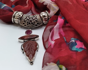 Berry Agate & Jasper Carved Leaf Gem Slide Pendant with Scarf Necklace, 6 Piece Set Includes Pendant, Long Floral Berry Scarf, 4 Scarf Rings