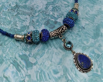 Lapis Lazuli & Blue Topaz Silver Pendant Slider Necklace with Crystal Charms