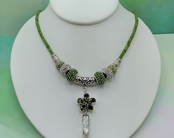 Lime Peridot Organic Pearl Silver Slide with 18 Inch Faceted Peridot Adjustable Beaded Necklace and 8 Removable Pave Crystal Silver Charms