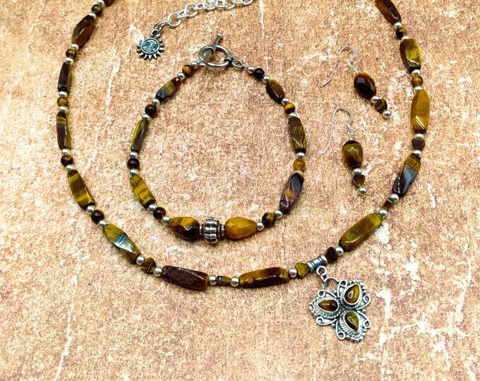 Tigers Eye Solid Sterling Mocha Brown Genuine Gem 3 Piece Beaded Jewelry Set, Adjustable Necklace, Toggle Bracelet, Pierced Earrings, Signed
